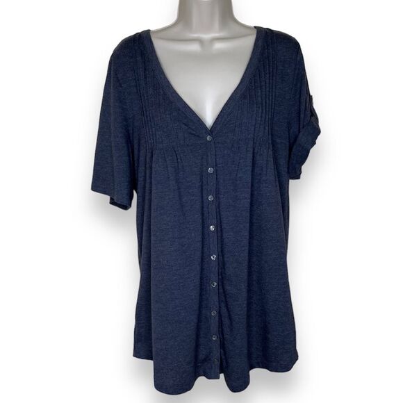Old Navy Pintuck Button Front Short Roll Tab Gray V Neck Tunic T Women Large - Picture 1 of 13